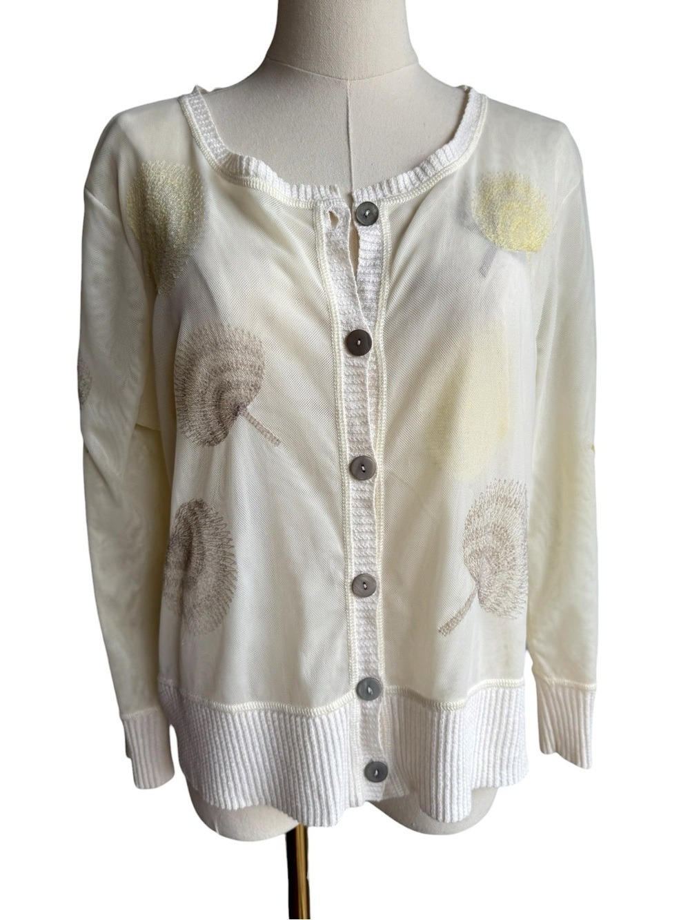 Nic + Zoe Whimsical Floral Cardigan Sz L Cream Semi Sheer Lightweight Sweater